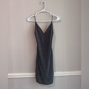 Lovely Day Gray Sparkly Mini Dress Spaghetti Strap V-Neck